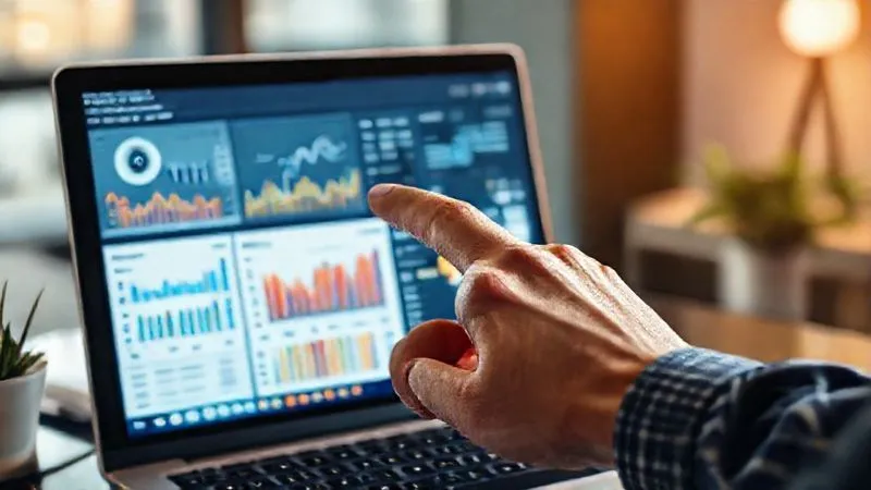 A photorealistic image of a freelancer's hand pointing at a complex data analytics dashboard on a laptop screen, showing various charts and graphs related to lead generation, SEO performance, and conversion rates. The screen is vibrant and detailed, with a blurred background of a modern office. Cinematic lighting, sharp focus on the hand and screen, depth of field, 8K hyper-detailed, professional photography, shot on a high-end DSLR.