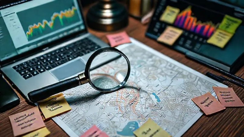A photorealistic image of a detective's desk, with a magnifying glass over a local map, surrounded by sticky notes with various local keywords and search queries, a laptop showing SEO analytics, cinematic lighting, sharp focus, depth of field, 8K hyper-detailed, professional photography.