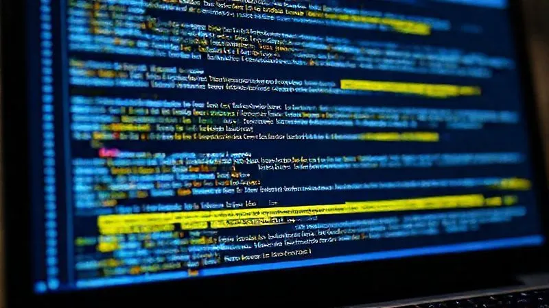 A photorealistic image of a website's backend code on a computer screen, with highlighted sections showing schema markup for a local business, title tags, and meta descriptions containing local keywords. Professional, sharp focus, cinematic lighting, 8K hyper-detailed.