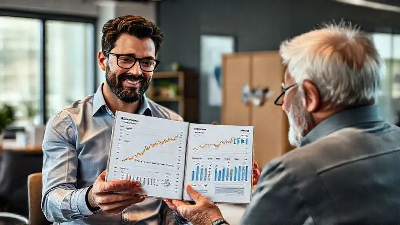 A photorealistic image of a marketing freelancer presenting a detailed SEO local report on a tablet to a satisfied business owner. The report shows graphs of increased local traffic and leads. Professional office setting, cinematic lighting, sharp focus, 8K hyper-detailed.