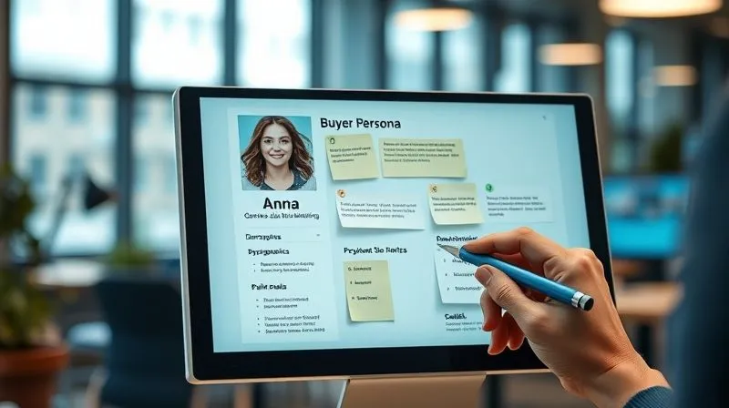 A photorealistic, professional photography image of a detailed 'Buyer Persona' profile on a digital screen, with sticky notes and a thoughtful hand holding a pen. The persona has a name like 'Ana, Gerente de Marketing', with clear sections for demographics, psychographics, pain points, and goals. Cinematic lighting, sharp focus on the screen, depth of field blurring a modern office background. 8K hyper-detailed, shot on a high-end DSLR.