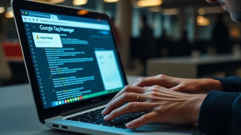 A photorealistic image of hands typing code on a laptop, with multiple browser tabs open showing Google Tag Manager and Google Analytics interfaces. The screen is glowing, reflecting on the person's face, indicating deep focus and technical setup. Cinematic lighting, sharp focus on the keyboard and screen, depth of field blurring the background of a modern office. 8K hyper-detailed, shot on a high-end DSLR.