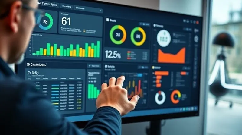 A photorealistic image of a sleek, modern Google Looker Studio dashboard being built on a large monitor. The screen shows various interactive charts, tables, and scorecards. Hands are seen dragging and dropping elements, with a focused expression. Cinematic lighting, sharp focus on the screen and hands, depth of field blurring the background of a minimalist office. 8K hyper-detailed, shot on a high-end DSLR.