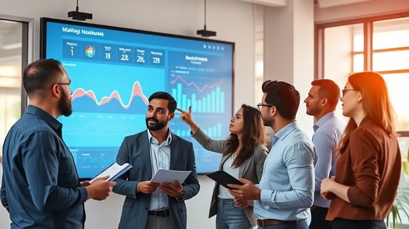 A photorealistic image of a team of marketing professionals, diverse and engaged, analyzing a large, interactive digital dashboard projected on a wall. They are pointing, discussing, and taking notes, demonstrating collaborative decision-making. Cinematic lighting, sharp focus on the dashboard and the team's faces, depth of field blurring the background of a modern, vibrant office. 8K hyper-detailed, shot on a high-end DSLR.