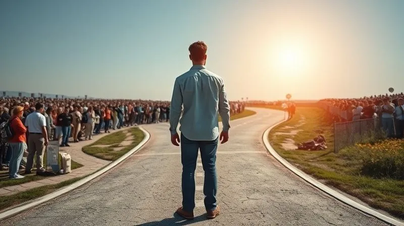 A photorealistic image of a digital marketer standing at a crossroads, one path wide and crowded labeled 'Generalist', the other narrow, well-defined, and less crowded labeled 'Specialist', leading to a bright, clear horizon. Cinematic lighting, sharp focus, depth of field, 8K hyper-detailed, professional photography, shot on a high-end DSLR.