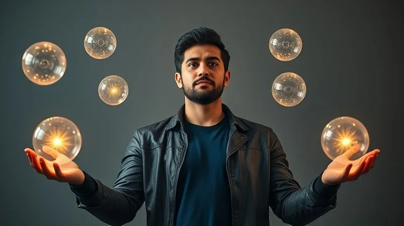 A photorealistic image of a digital marketing freelancer juggling multiple glowing orbs, each orb representing a different income stream (e.g., 'Client Projects', 'Digital Products', 'Consulting', 'Affiliate Marketing'). The freelancer is calm and balanced, with a bright, steady light emanating from the orbs. Cinematic lighting, sharp focus, depth of field, 8K hyper-detailed, professional photography, shot on a high-end DSLR.