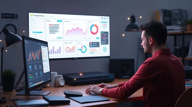 A photorealistic image of a digital marketing freelancer's desk, perfectly organized with various digital tools (CRM dashboard, email automation interface, project management software) seamlessly integrated and flowing, represented by subtle glowing lines connecting them. The freelancer is calmly observing the efficient system. Cinematic lighting, sharp focus, depth of field, 8K hyper-detailed, professional photography, shot on a high-end DSLR.