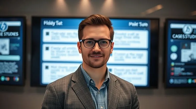 A photorealistic image of a professional digital marketing freelancer, with a subtle aura of expertise and confidence, standing in front of a modern, sleek digital display showcasing compelling case studies and client testimonials. The lighting is professional and inviting, highlighting their determined yet approachable expression. Sharp focus, depth of field, 8K hyper-detailed, professional photography, shot on a high-end DSLR.