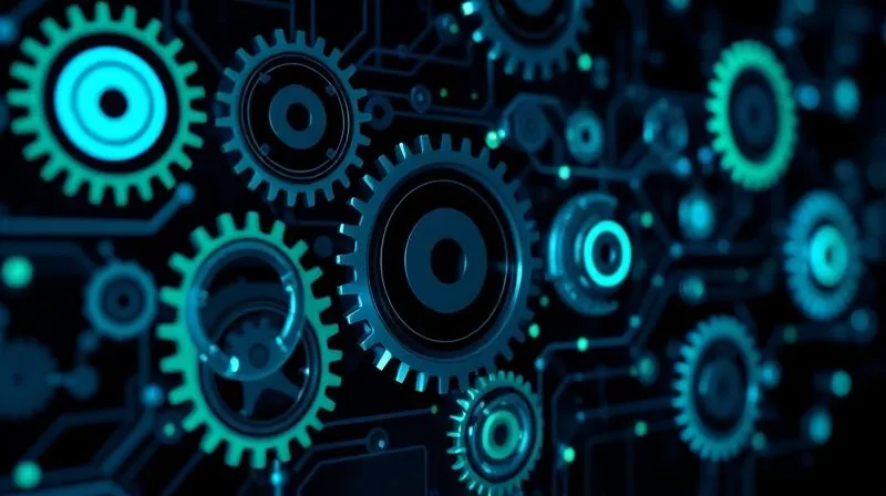 A photorealistic image of a complex network of digital gears and cogs, seamlessly interconnected and moving in unison, symbolizing efficient automation and streamlined workflows in digital marketing. The gears are glowing with blue and green light, set against a dark, futuristic background. Cinematic lighting, sharp focus on the intricate details, depth of field blurring the distant elements. 8K hyper-detailed, professional photography, shot on a high-end DSLR.