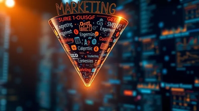 A photorealistic and intricate illustration of a marketing sales funnel, starting wide at the top with diverse leads flowing in, narrowing down through stages like 'engagement' and 'qualification', and culminating in a focused stream of 'conversions' at the bottom. The funnel is glowing with golden light, set against a blurred background of digital activity. Cinematic lighting, sharp focus on the funnel structure, depth of field. 8K hyper-detailed, professional photography, shot on a high-end DSLR.