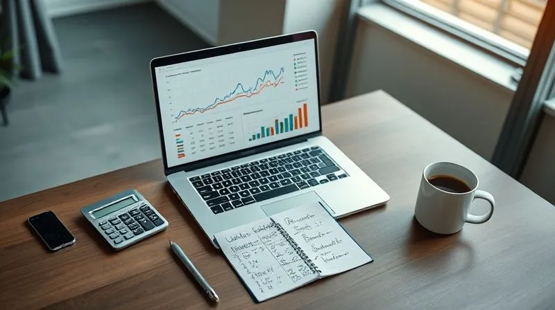A photorealistic, high-angle shot of a sleek, modern desk with a laptop displaying intricate financial graphs and growth charts. Surrounding the laptop are physical elements like a calculator, a notepad with handwritten notes on budgeting, and a cup of coffee. The scene is bathed in soft, natural light coming from a window. Cinematic lighting, sharp focus on the financial data, depth of field blurring the background. 8K hyper-detailed, professional photography, shot on a high-end DSLR.