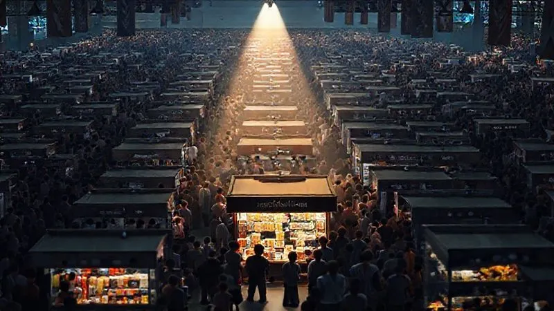Photorealistic image of a crowded digital marketplace with hundreds of identical small vendor stalls, a single spotlight illuminating one unique, well-branded stall in the foreground. Cinematic lighting, sharp focus, depth of field, 8K hyper-detailed, shot on a high-end DSLR.
