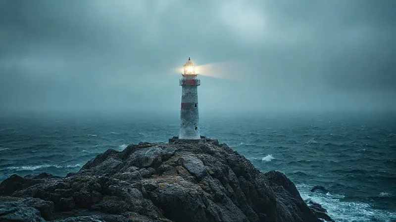 Photorealistic image of a single, brightly lit lighthouse standing tall and strong on a rocky coast, guiding ships through a stormy sea. The lighthouse beam is sharp and focused. Cinematic lighting, sharp focus on the lighthouse, depth of field blurring the rough sea, 8K hyper-detailed, shot on a high-end DSLR. Symbolizes guidance and strong presence.