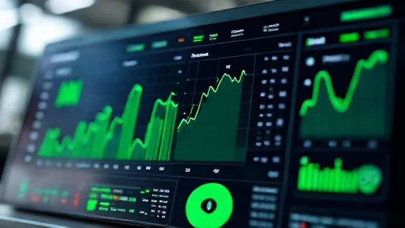 Photorealistic image of a sleek, modern digital dashboard displaying various marketing metrics (traffic, conversions, ROI) with green upward trends. The interface is clean and intuitive. Cinematic lighting, sharp focus on the data points, depth of field blurring the background, 8K hyper-detailed, shot on a high-end DSLR. Symbolizes efficiency and data-driven results.