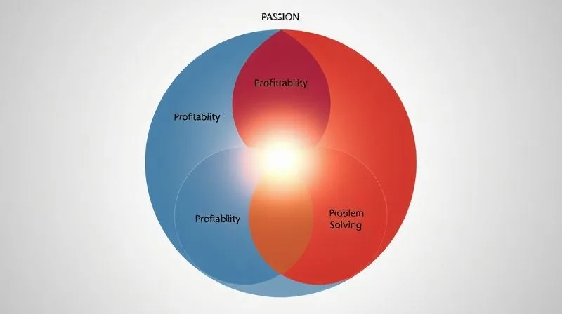 A photorealistic Venn diagram illustrating the intersection of 'Passion', 'Profitability', and 'Problem Solving' at its center, representing a highly successful marketing niche. The circles are distinct but overlap smoothly, with a radiant glow emanating from the central intersection. professional photography, 8K, cinematic lighting, sharp focus, depth of field, shot on a high-end DSLR.