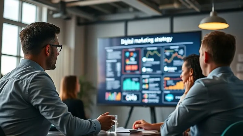 A photorealistic image of a marketing freelancer, mid-30s, confidently presenting a complex digital marketing strategy on a large screen to a small group of attentive clients. The scene is set in a modern, brightly lit office, with cinematic lighting highlighting the presenter and the key points on the screen. Sharp focus on the interaction and the screen, depth of field softly blurring the background. professional photography, 8K, shot on a high-end DSLR.