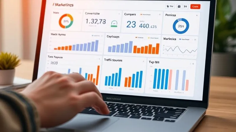 A photorealistic image of a data dashboard on a laptop screen, displaying various marketing metrics like conversion rates, traffic sources, and ROI in a clean, modern UI. Hands are subtly interacting with the keyboard, indicating analysis. The scene is well-lit, professional, with a sharp focus on the screen and hands, depth of field blurring a minimalist background. professional photography, 8K, cinematic lighting, shot on a high-end DSLR.