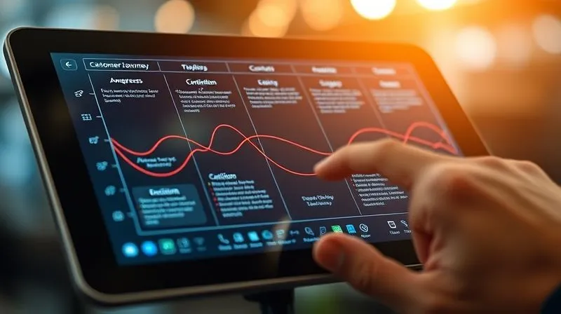 A photorealistic image of a detailed customer journey map on a digital interface, showing different stages like "Awareness," "Consideration," and "Decision" with corresponding content types. Cinematic lighting, sharp focus on the map, depth of field blurring a hand interacting with a tablet, 8K hyper-detailed, shot on a high-end DSLR.