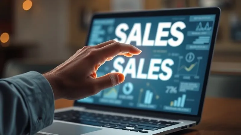 A photorealistic image of a person's hand reaching out to touch a shimmering word "SALES" emerging from a laptop screen, surrounded by a creative swirl of content elements like text, graphs, and small icons. Cinematic lighting, sharp focus on the hand and screen, depth of field blurring the background, 8K hyper-detailed, shot on a high-end DSLR.