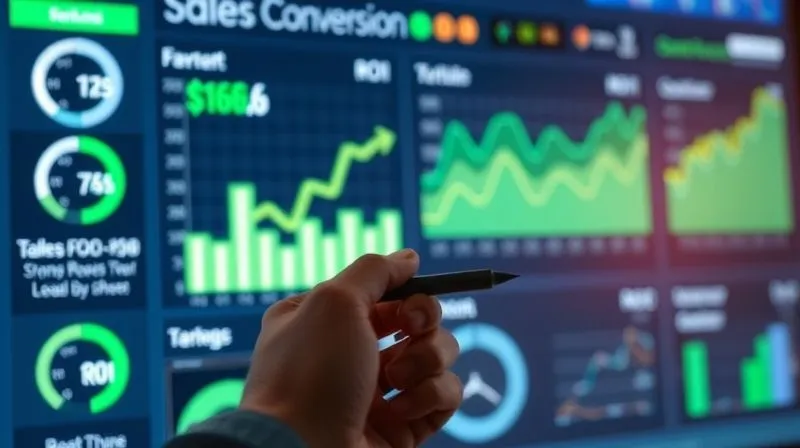 A photorealistic image of a professional marketing dashboard displaying various metrics like "Sales Conversion," "Lead Generation," and "ROI" with green upward-trending graphs. Cinematic lighting, sharp focus on the digital screen, depth of field blurring a hand holding a stylus, 8K hyper-detailed, shot on a high-end DSLR.