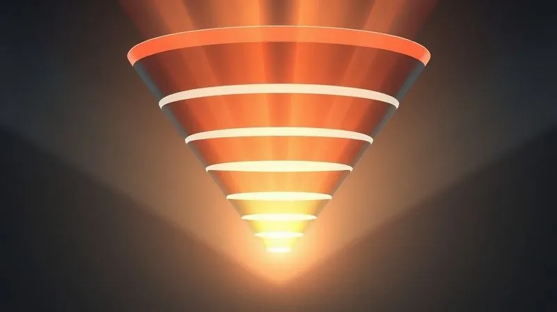 Photorealistic image of a complex marketing funnel with distinct filter layers at each stage, visually representing lead qualification. Light rays illuminate the 'qualified leads' section, while less light reaches the 'unqualified' sections. Cinematic lighting, sharp focus, 8K hyper-detailed, professional photography.