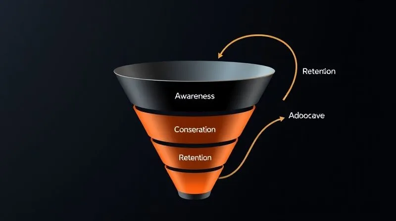 Photorealistic image of a sleek, modern marketing funnel, with distinct stages clearly labeled (Awareness, Consideration, Decision, Retention, Advocacy). Arrows are flowing downwards, but also curving upwards from Retention and Advocacy back to Awareness, symbolizing a closed-loop system and customer lifetime value. Cinematic lighting, professional photography, 8K hyper-detailed.