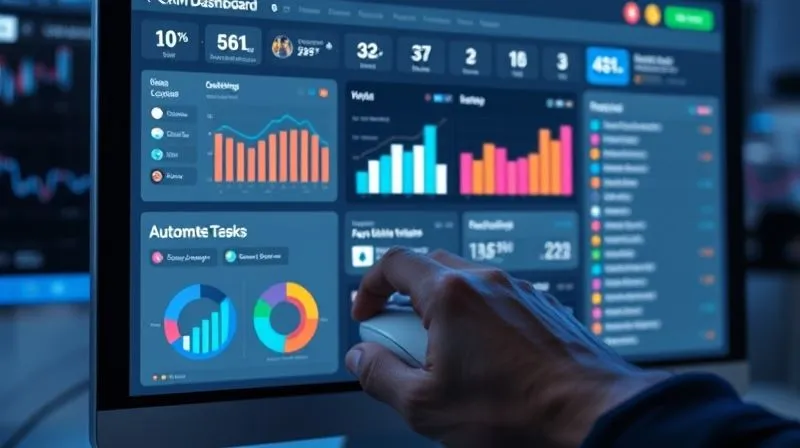 Photorealistic image of a sleek, modern CRM dashboard display on a computer screen, with various graphs, client profiles, and automated task lists clearly visible. A hand is interacting with a mouse, suggesting efficient management. Cinematic lighting, sharp focus on the screen, 8K hyper-detailed, professional photography.