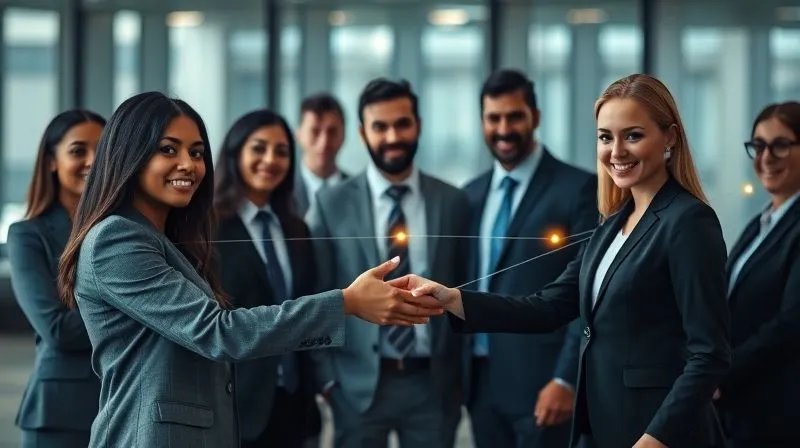 Photorealistic image of a diverse group of professionals forming a strong network, with subtle glowing lines connecting them, symbolizing trust and referrals. One person is extending a hand to another, representing a new connection. Cinematic lighting, sharp focus on the connections, 8K hyper-detailed, professional photography.
