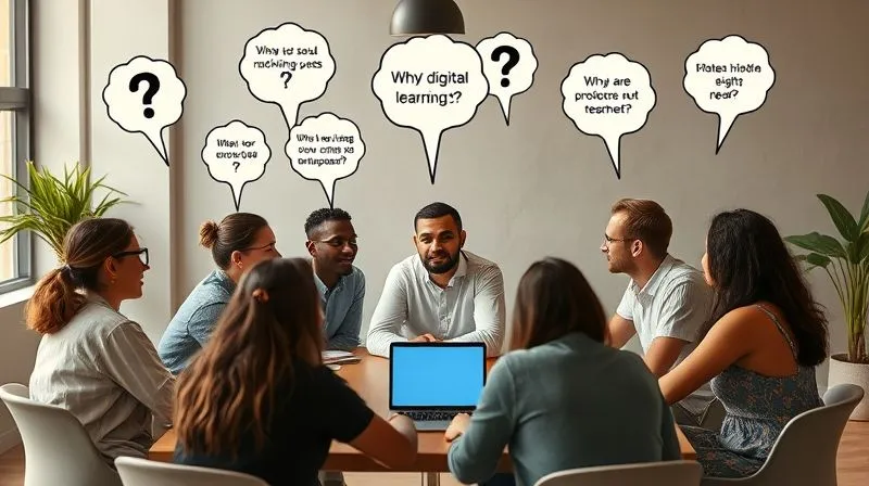 A photorealistic image of a diverse group of people, each with a thought bubble above their head displaying a different question or problem related to digital products or online learning. They are sitting around a table, engaged in a brainstorming session, with a freelancer looking at them empathetically. Cinematic lighting, sharp focus, depth of field, 8K, professional photography, shot on a high-end DSLR.