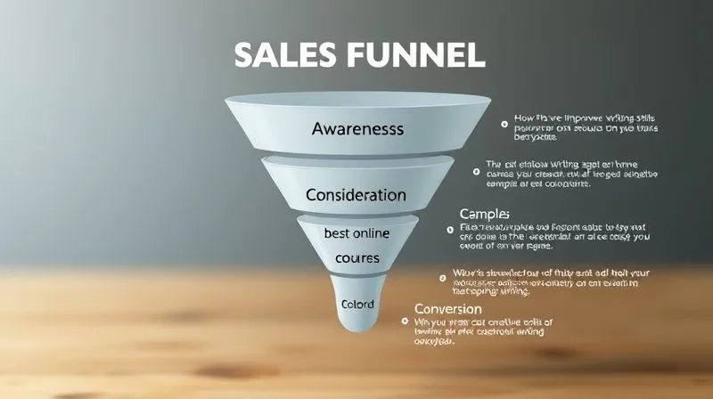 A photorealistic infographic showing a sales funnel with three distinct sections: 'Awareness' at the top, 'Consideration' in the middle, and 'Conversion' at the bottom. Each section contains examples of keywords relevant to a digital product (e.g., 'how to improve writing skills' for awareness, 'best online writing course' for consideration, 'buy creative writing ebook' for conversion). The funnel is clean, modern, with soft, inviting colors, cinematic lighting, sharp focus, depth of field, 8K hyper-detailed.