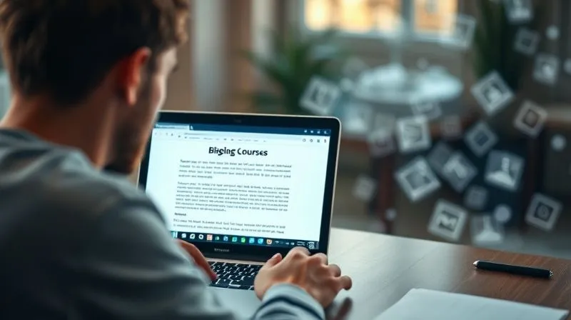 A photorealistic image of a freelancer working on a laptop, surrounded by a subtle aura of digital creativity. On the screen, a blog post interface is visible, with a compelling headline and well-structured text. The background features blurred elements of digital products like e-books and online course icons, all bathed in soft, natural light, conveying inspiration and productivity. 8K, cinematic lighting, sharp focus, depth of field.