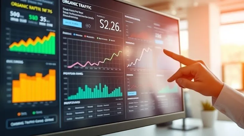 A photorealistic dashboard displaying various SEO metrics like organic traffic growth, keyword rankings, and conversion rates, with a hand pointing to a rising trend line. The screen is vibrant and detailed, set in a modern, clean office environment. Cinematic lighting, sharp focus, depth of field, 8K hyper-detailed.