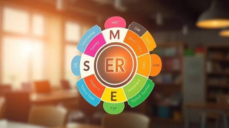 A photorealistic, professional photography, 8K, cinematic lighting, sharp focus, depth of field, shot on a high-end DSLR, showing a vibrant, multi-layered diagram of the SMART-ER acronym, with each letter representing a distinct, interconnected concept. The diagram is clean, modern, and visually appealing, perhaps with light emanating from the 'ER' section, symbolizing sustainability and adaptability for a freelancer's journey.
