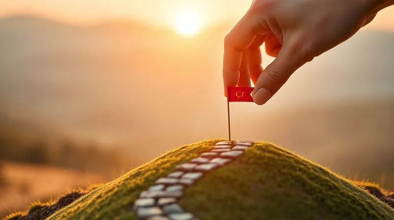 A photorealistic, professional photography, 8K, cinematic lighting, sharp focus, depth of field, shot on a high-end DSLR, depicting a freelancer's hand placing a small, brightly colored flag on a miniature, winding path leading up a gentle hill, symbolizing progress and small victories on a journey of growth. The background is a slightly blurred, serene landscape with a rising sun, evoking a sense of sustainable progress and optimism.