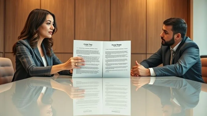 A photorealistic image of a professional woman, a freelancer, calmly presenting a document to a client across a polished conference table. The document has sections clearly labeled 'Original Scope' and 'Change Request Impact'. The client is listening attentively, perhaps with a slight look of consideration. The lighting is soft and professional, emphasizing clarity and transparency in the communication. 8K, cinematic lighting, sharp focus, depth of field, shot on a high-end DSLR.