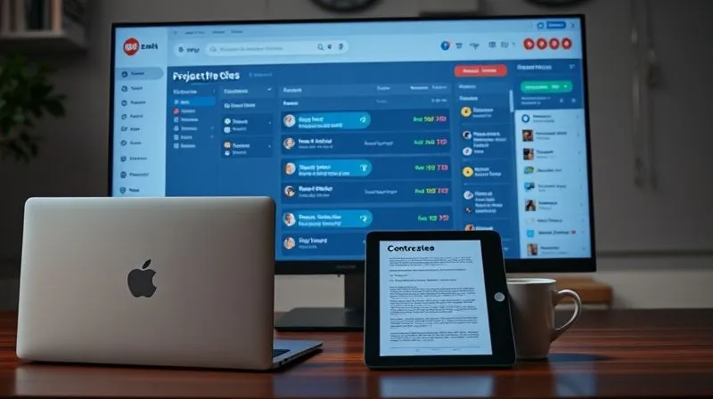 A photorealistic image of a freelancer's dashboard on a large monitor, displaying a clean, organized project management tool (like Asana or ClickUp) with tasks, deadlines, and progress bars. The screen is surrounded by a sleek laptop, a tablet showing a contract, and a coffee cup. The overall impression is one of modern efficiency and complete control over multiple projects. Cinematic lighting, sharp focus on the screen, depth of field, 8K, shot on a high-end DSLR.