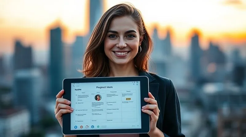 A photorealistic image of a confident, smiling freelancer, a woman in her 30s, looking directly at the camera with a backdrop of a blurred, modern city skyline at sunset. She holds a tablet displaying a completed project plan, symbolizing achievement and control. Her posture is open and inviting, conveying professionalism and expertise. Cinematic lighting, sharp focus on her, depth of field, 8K, shot on a high-end DSLR, evoking a sense of empowerment and success.