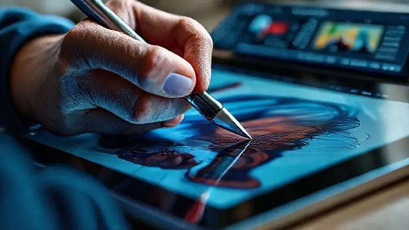 A photorealistic close-up of a designer's hand using a stylus on a tablet, demonstrating advanced image manipulation within a design software interface, showing layers, masks, and color adjustments. Cinematic lighting, sharp focus on the tablet screen, 8K hyper-detailed.