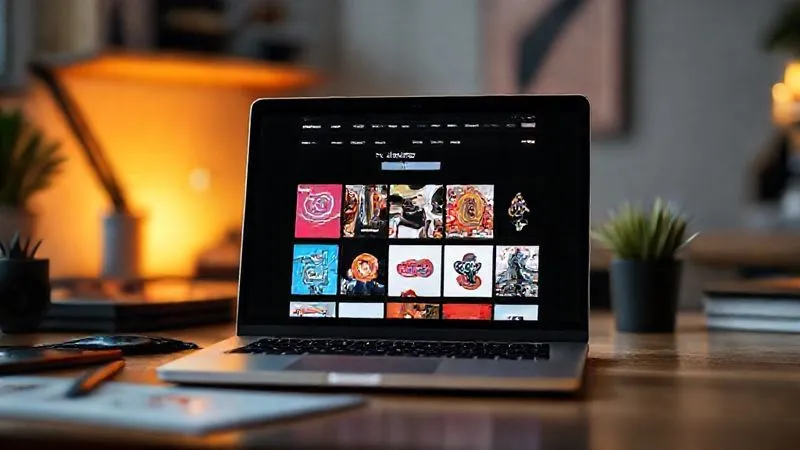 A photorealistic digital portfolio website displayed on a sleek, modern laptop screen, showcasing diverse, high-quality graphic designs created with a professional touch. The screen is sharp and vibrant, with soft, cinematic lighting illuminating the surrounding workspace. Depth of field focuses on the portfolio, 8K hyper-detailed.