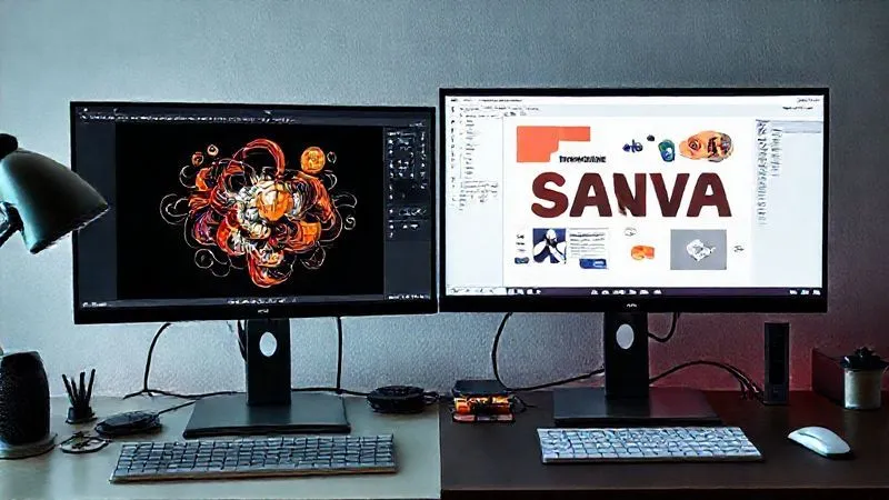 A photorealistic side-by-side comparison of a designer's workspace, showing two monitors. One screen displays a complex vector illustration being crafted in Adobe Illustrator, while the adjacent screen shows a social media graphic being assembled in Canva, seamlessly integrating elements from both. Cinematic lighting, sharp focus on both screens, 8K hyper-detailed.
