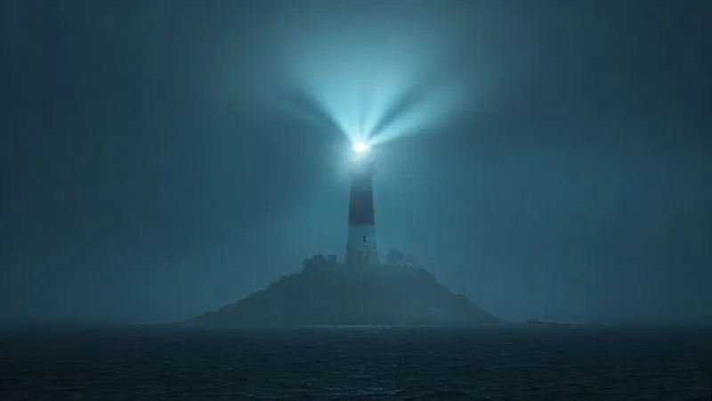A photorealistic image of a lighthouse beam cutting through a dark, foggy sea, illuminating a small, unique island. The lighthouse represents a clearly defined niche and value proposition, standing out in a competitive market. Cinematic lighting, sharp focus, 8K hyper-detailed, professional photography.