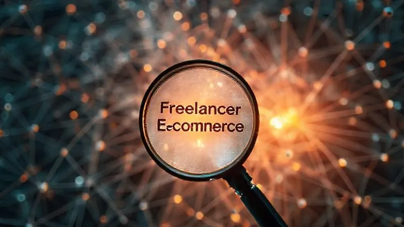 A photorealistic image of a complex web of interconnected nodes and lines, representing the intricate network of SEO and link building. A magnifying glass hovers over a central, brightly lit node labeled 'Freelancer E-commerce', symbolizing discovery and visibility. Cinematic lighting, sharp focus, 8K hyper-detailed, professional photography.