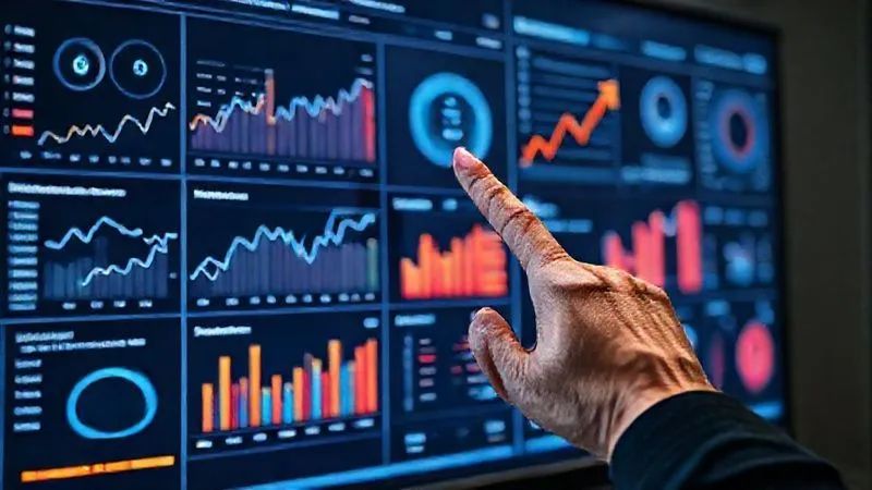 A photorealistic image of a detailed analytics dashboard on a large monitor, displaying various charts, graphs, and key performance indicators for an e-commerce store. A hand points to a growth trend, symbolizing data-driven optimization and scalability. Cinematic lighting, sharp focus, 8K hyper-detailed, professional photography.