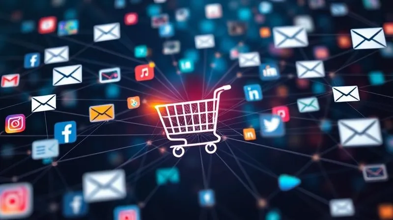 A photorealistic image of a complex web of interconnected digital marketing channels (social media icons, search bars, email envelopes, ad banners) converging into a single conversion point on a website, represented by a glowing shopping cart or a filled form. Cinematic lighting emphasizes the flow, sharp focus on the convergence, depth of field blurring the background, 8K hyper-detailed, shot on a high-end DSLR.