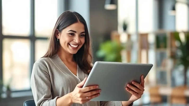 A photorealistic image of a professional freelancer, a woman in her 30s, confidently presenting a clear, data-driven report on a tablet to a satisfied client, a small business owner. Both are smiling, looking at the tablet with understanding. The background is a modern, light-filled office. Cinematic lighting, sharp focus on their faces and the tablet, depth of field blurring the background, 8K hyper-detailed, shot on a high-end DSLR.