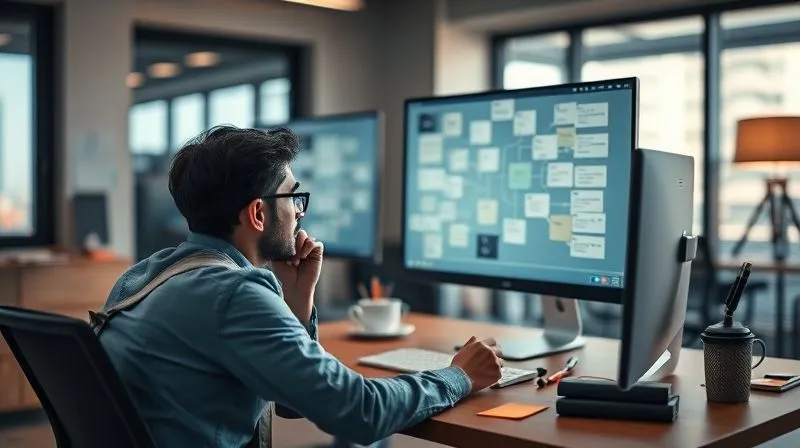 A photorealistic image of a freelancer sitting at a desk, looking intently at a mind map or a user persona diagram on a large monitor, with sticky notes and markers scattered around. The room is modern and organized, suggesting strategic thinking. Cinematic lighting, sharp focus on the freelancer's thoughtful expression, depth of field blurring the background. 8K hyper-detailed, professional photography.
