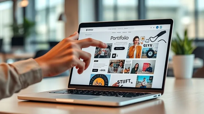 A photorealistic image of a beautifully designed digital portfolio displayed on a sleek laptop screen, with a freelancer's hand gesturing towards it as if presenting. The background is a modern office setting, slightly out of focus. Cinematic lighting, sharp focus on the portfolio details, depth of field. 8K hyper-detailed, professional photography.