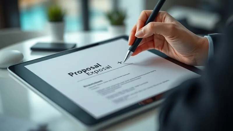 A photorealistic image of a professional, minimalist proposal document open on a tablet, with a hand holding a stylus pointing to a section on 'Expected Results'. The background is a clean, modern workspace. Cinematic lighting, sharp focus on the document, depth of field. 8K hyper-detailed, professional photography.