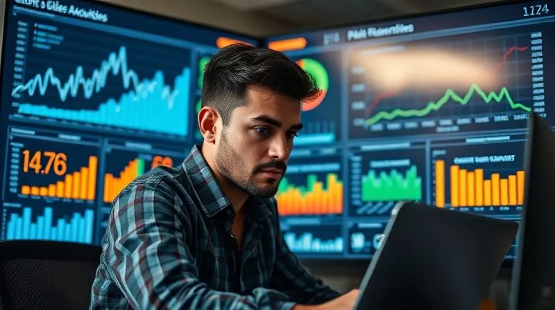 A photorealistic image of a freelancer analyzing a dashboard with various charts and graphs on a large monitor, showing metrics like client acquisition cost, client lifetime value, and conversion rates. The freelancer has a focused expression, surrounded by a modern, data-driven workspace. Cinematic lighting, sharp focus on the data, depth of field. 8K hyper-detailed, professional photography.