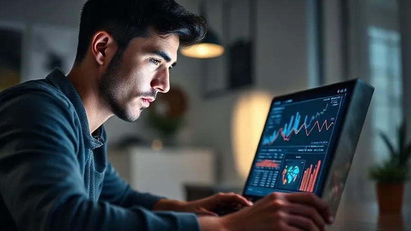 A photorealistic image of a digital freelancer, focused and determined, looking at a laptop screen displaying complex SEO analytics, with a subtle glow around their face symbolizing insight and expertise. Cinematic lighting, sharp focus on the freelancer and screen, depth of field blurring a modern, minimalist home office background. 8K hyper-detailed.